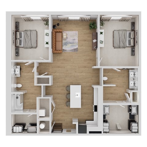 A top-down view of a modern apartment layout with a kitchen, living room, and two bedrooms.